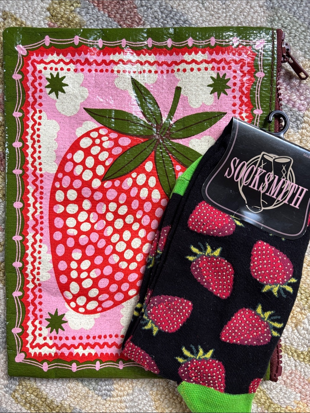 🍓Blue Q Strawberry Clouds Floating in a Pink Sky Zipper pouch + Socksmith Socks